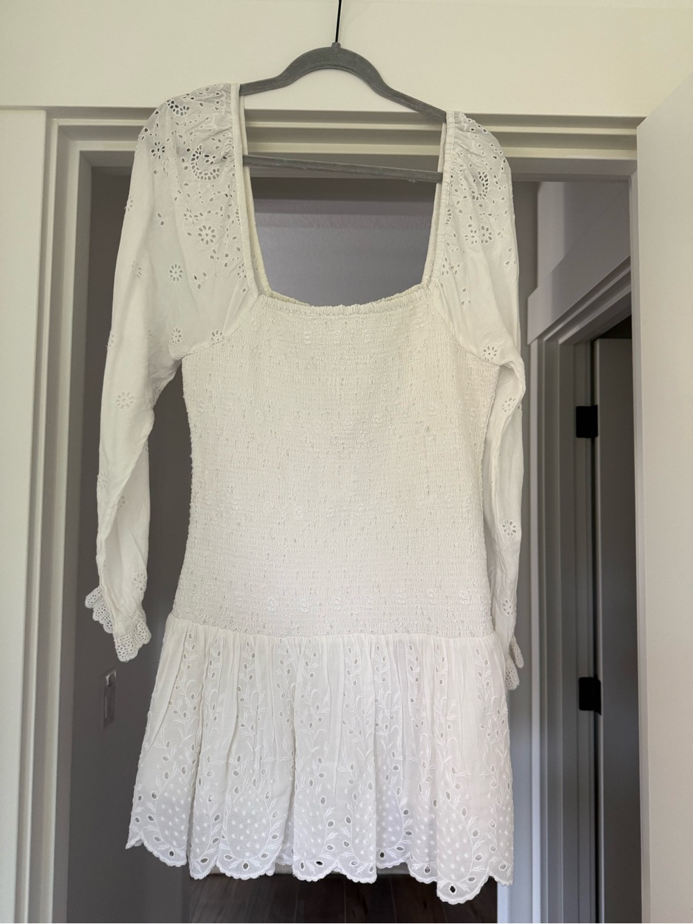 LoveShackFancy White Eyelet Long Sleeve Mini Dress